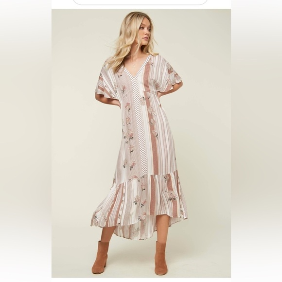 O’NEILL mauve & ivory floral striped Angie V-Neck Maxi Dress x-small - Picture 2 of 13